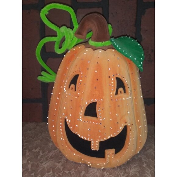Vintage Halloween Jack o Lantern Pumpkin Oval embellished suede-like NO LIGHTS - Picture 3 of 8